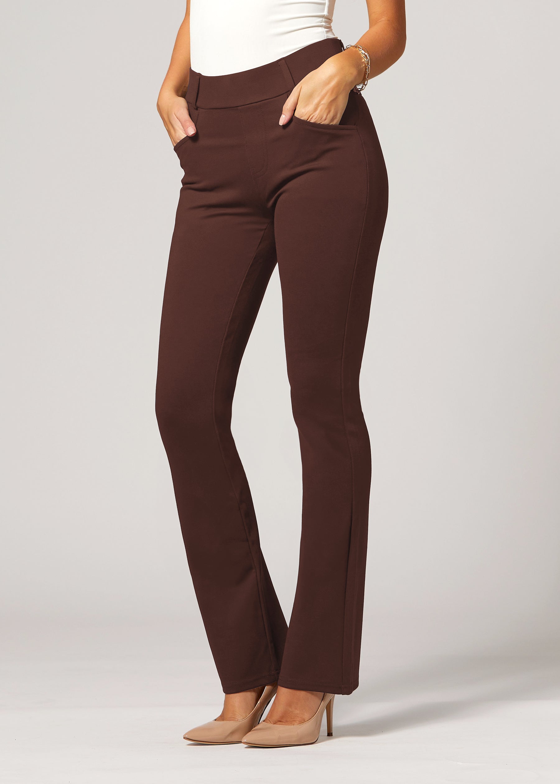 Uplift High-Rise Bootcut Stretch Slacks with Pockets - Chocolate Brown