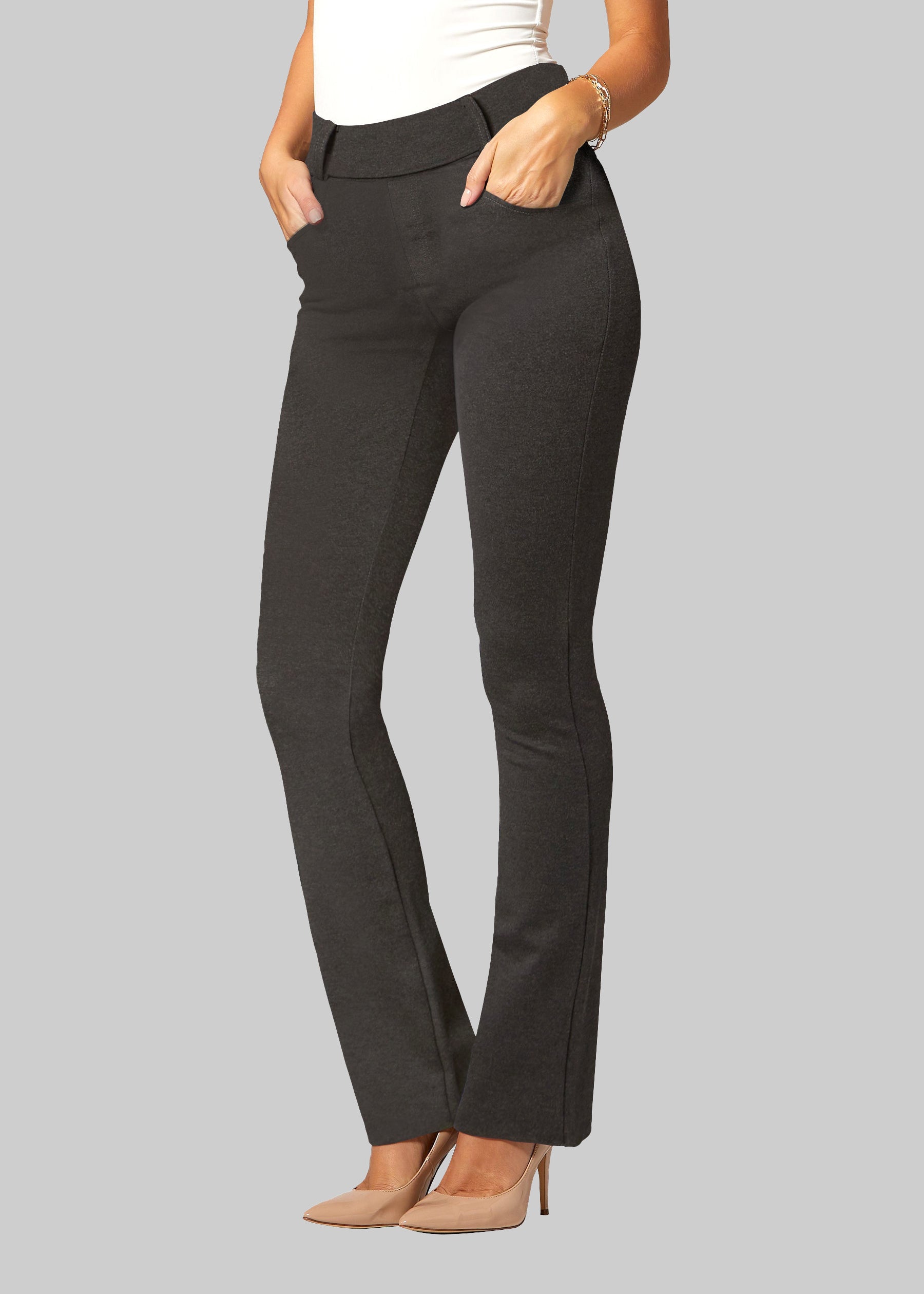 Uplift High-Rise Bootcut Stretch Slacks with Pockets - Charcoal Grey