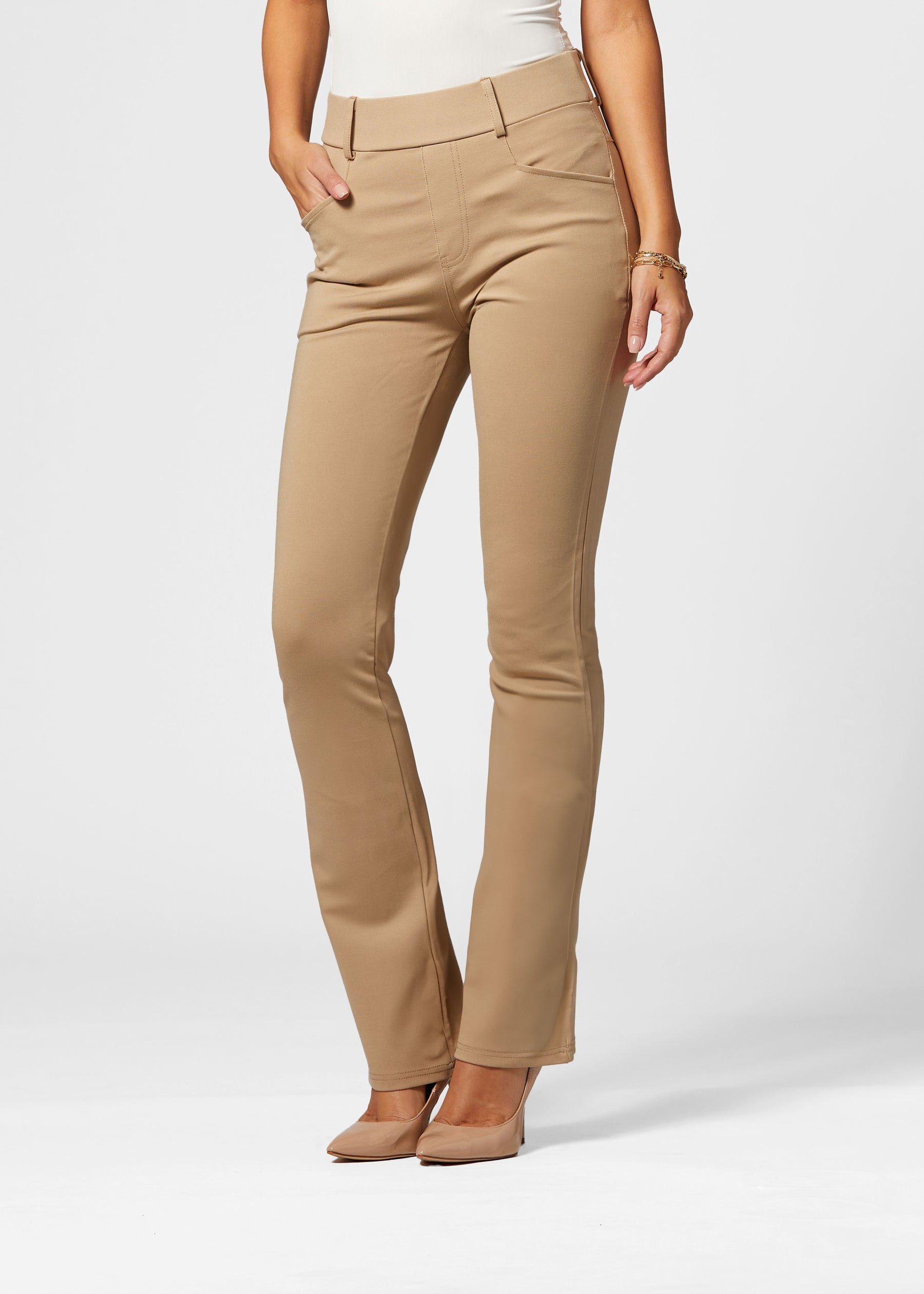Uplift High-Rise Bootcut Stretch Slacks with Pockets - Beige Nude
