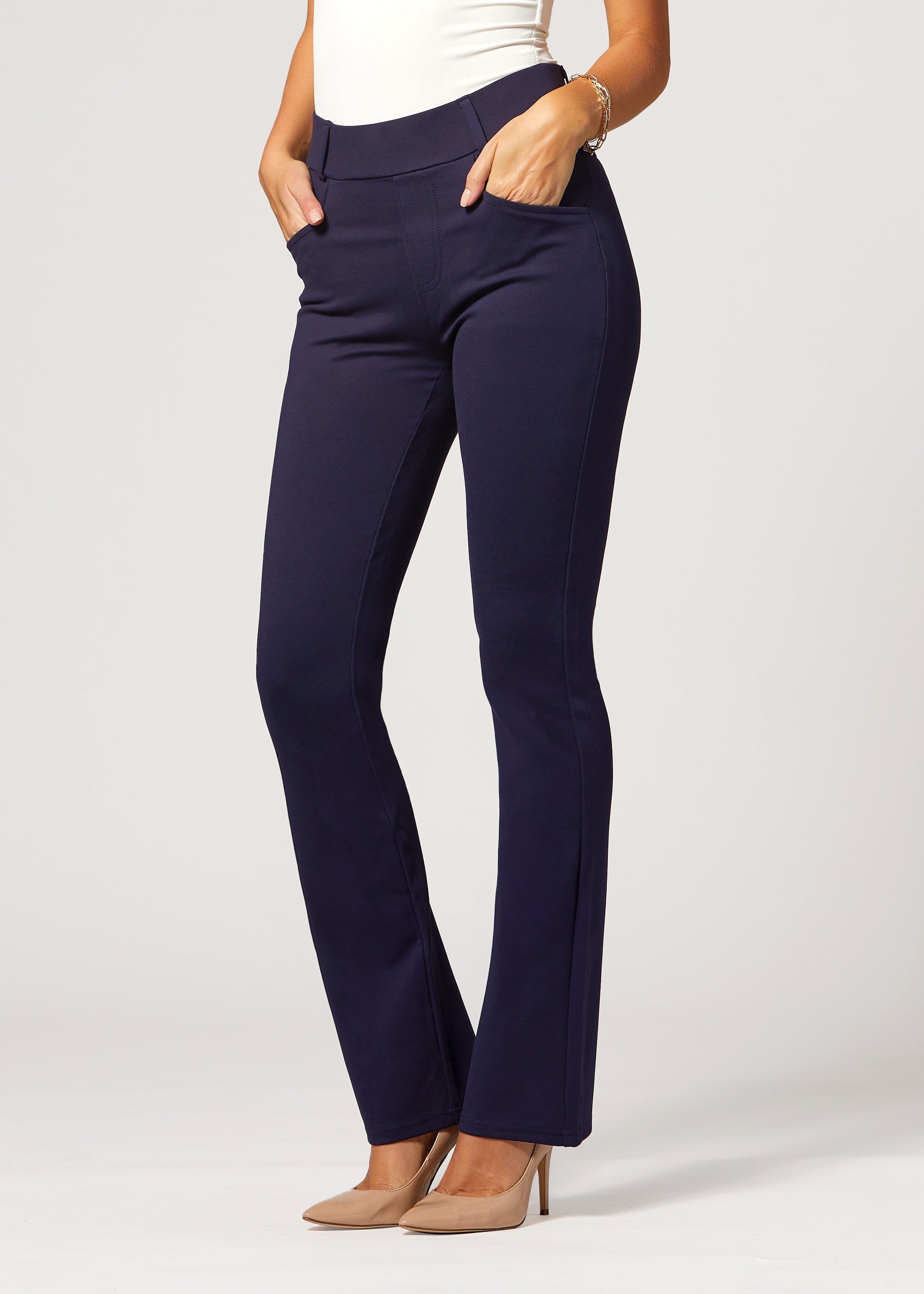 Uplift High-Rise Bootcut Stretch Slacks with Pockets - Navy Blue