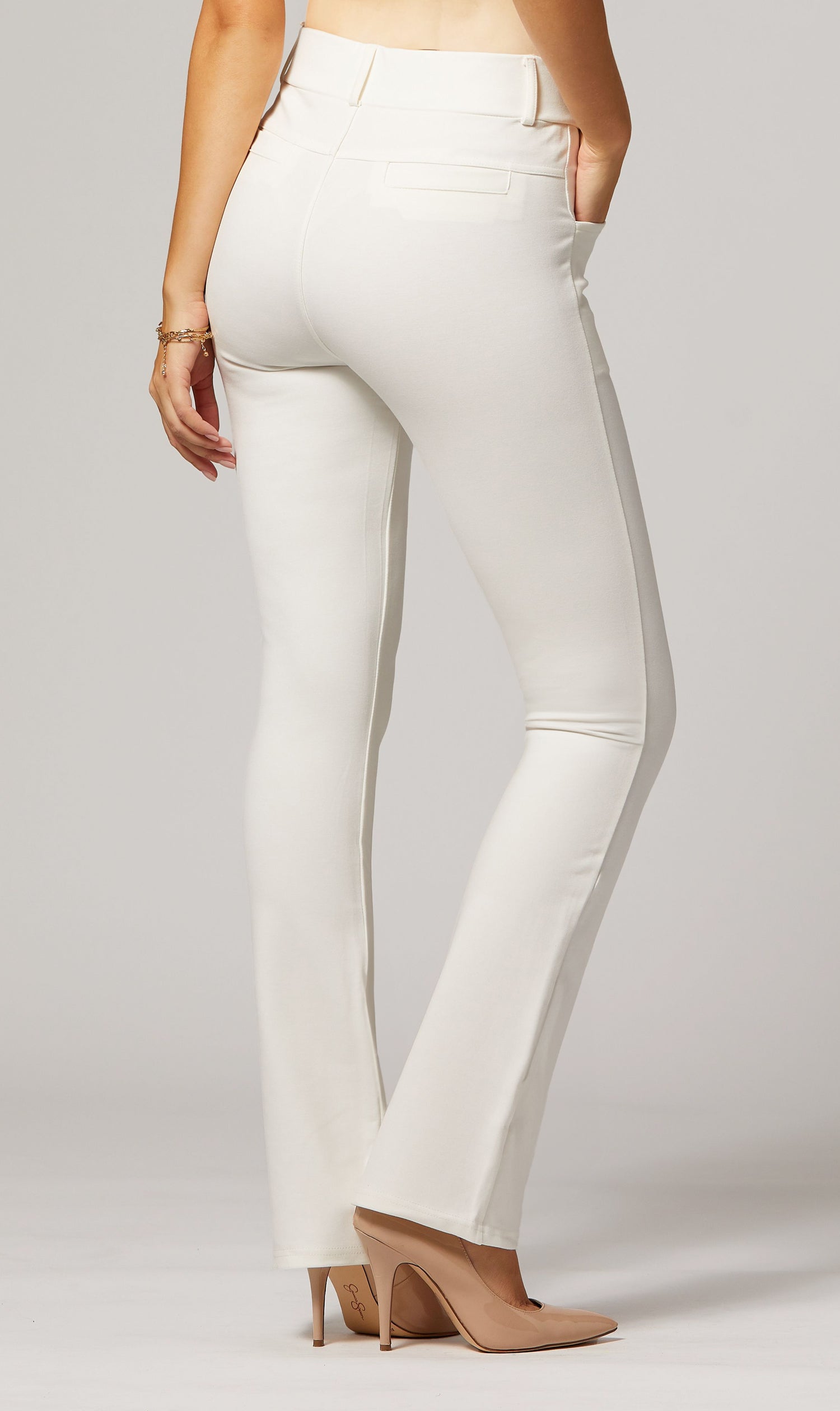 Uplift High-Rise Bootcut Stretch Slacks with Pockets - White