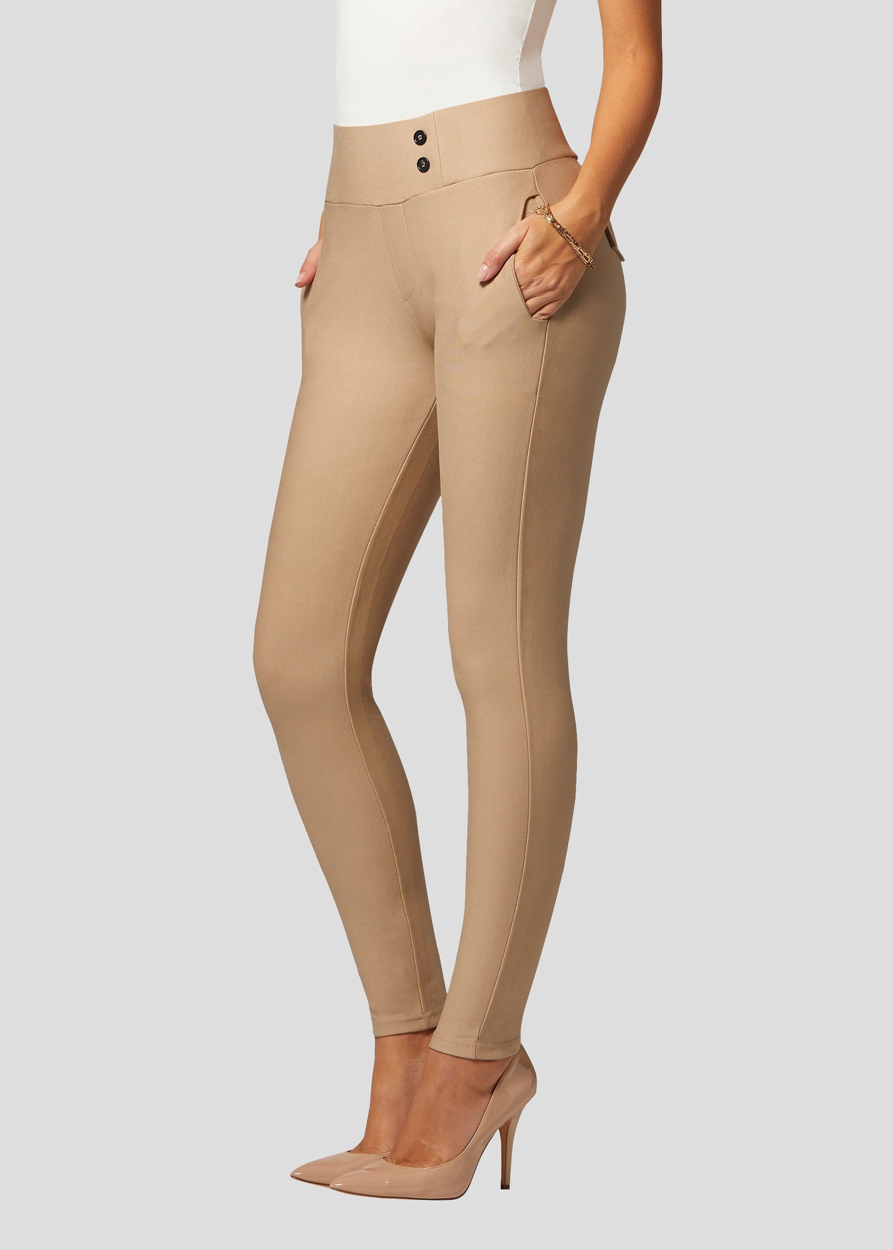 Innovate High-Rise Slim Stretch Slacks with Pockets - Beige Nude