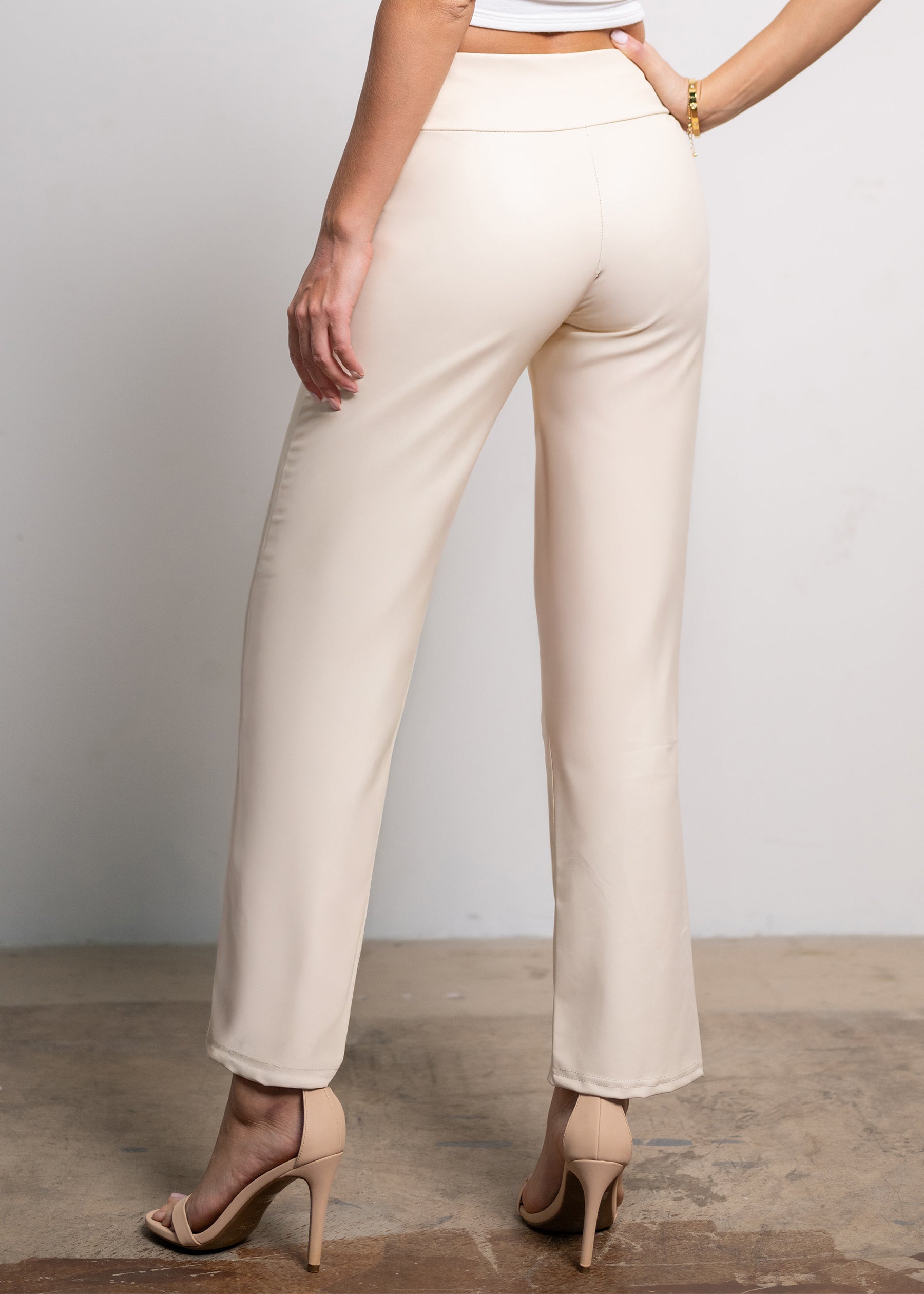 Celeste High-Waisted Faux Leather Pants - Beige Nude