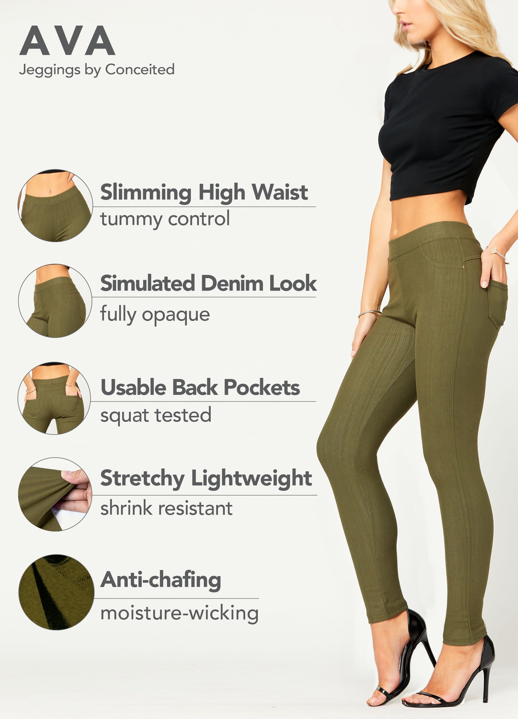 Ava Full Length Premium Stretch Everyday Jeggings - Army Olive Green