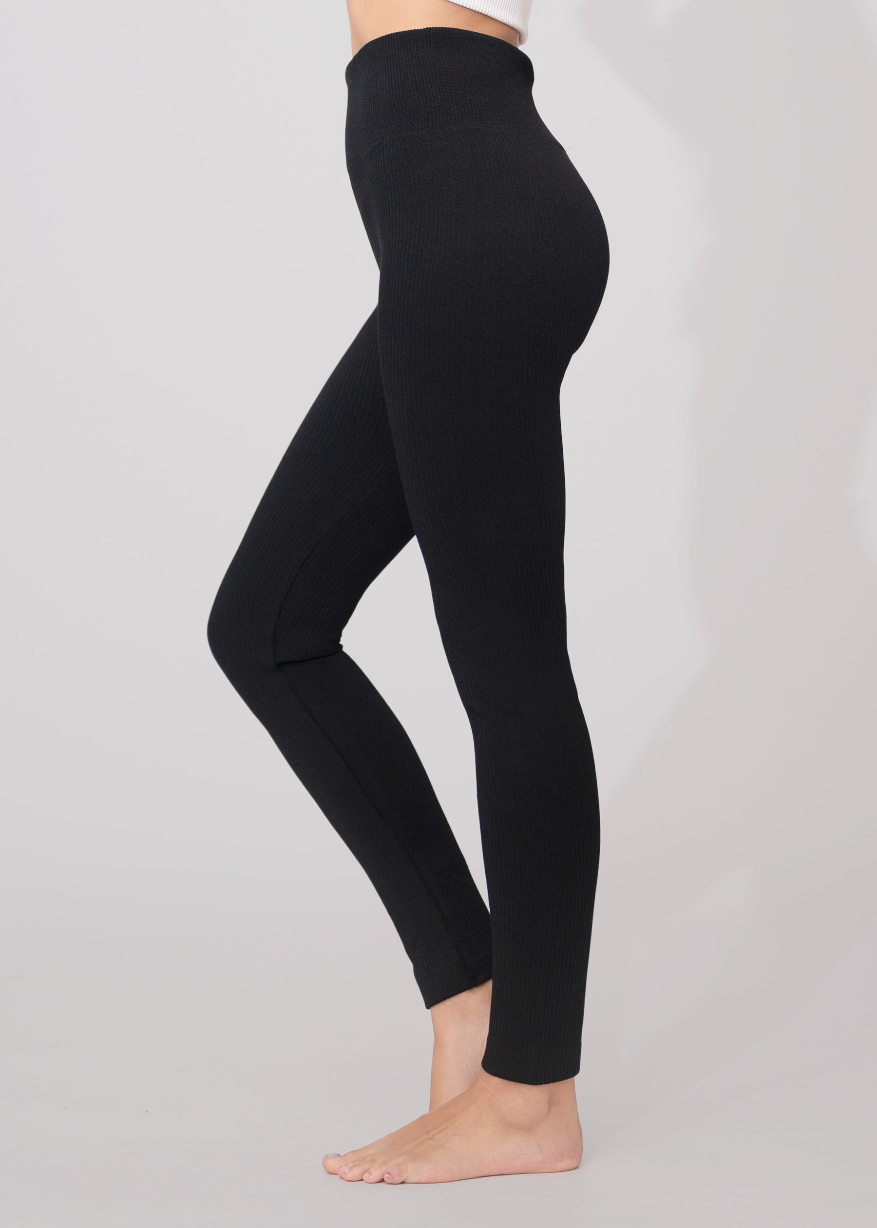 Elsa High Waisted Knit Fleece Lined Leggings - Winter Warm Leggings - Black Ribbed