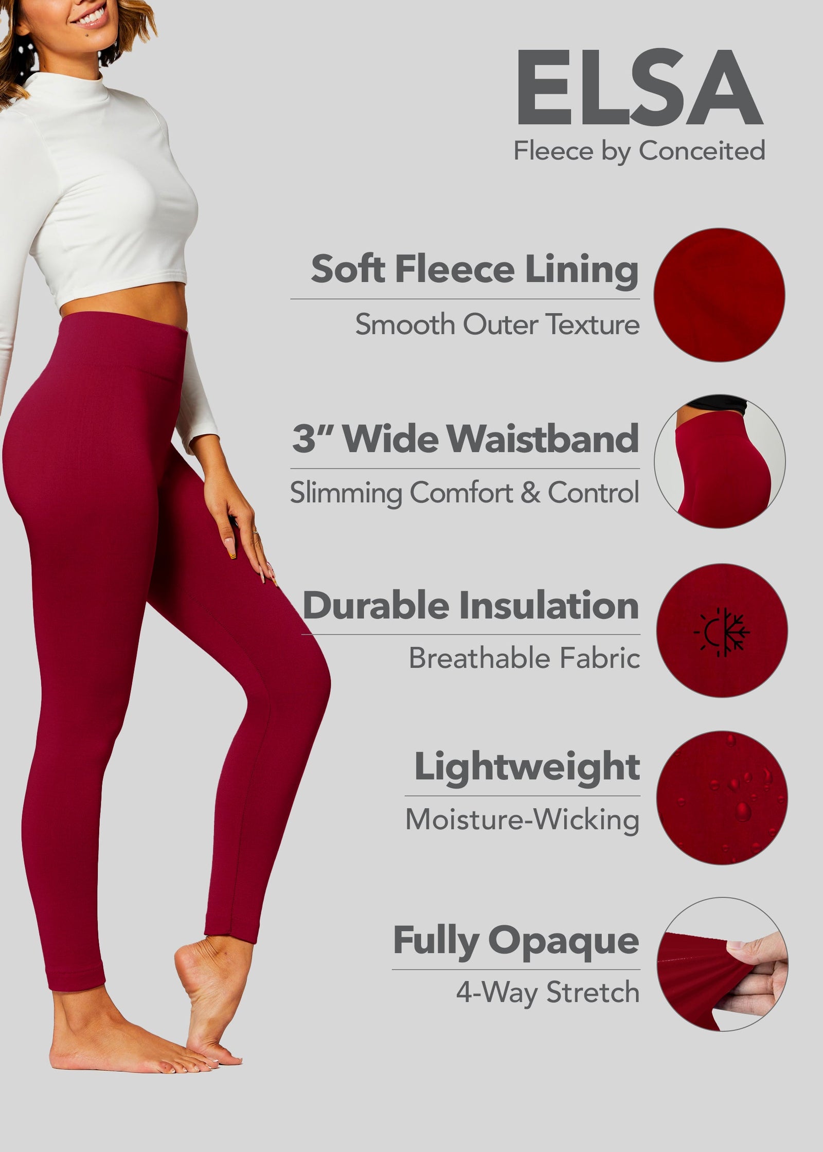 Elsa High Waisted Fleece Lined Leggings - Winter Warm Leggings - Burgundy