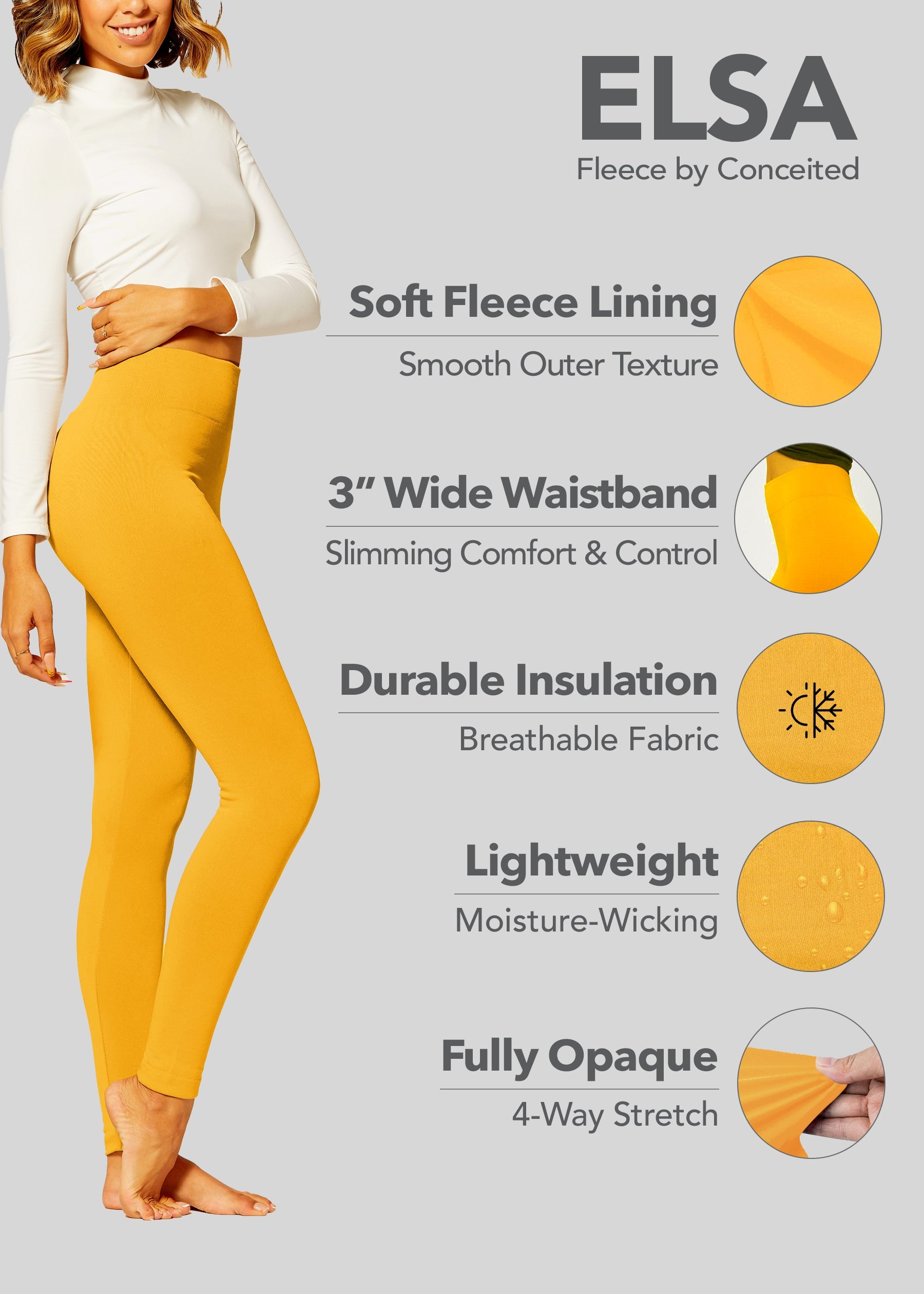 Elsa High Waisted Fleece Lined Leggings - Winter Warm Leggings - Mustard