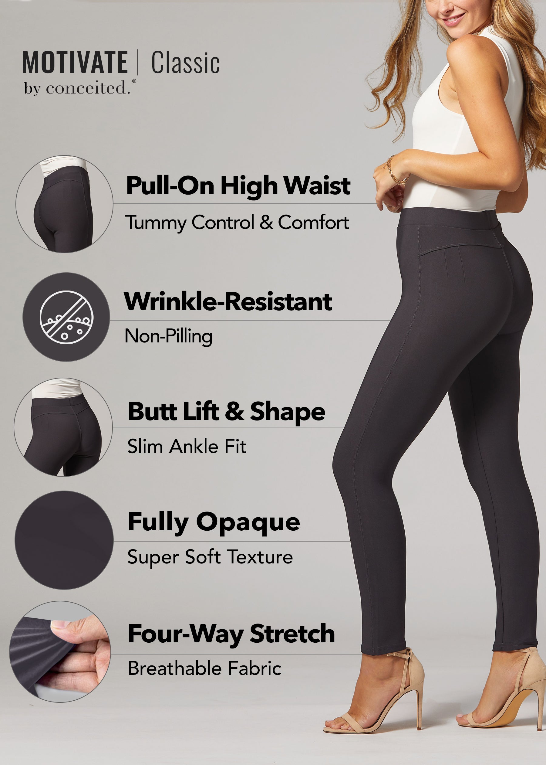 Motivate Classic High Waisted Perfect Stretch Ponte Pants - Charcoal Grey