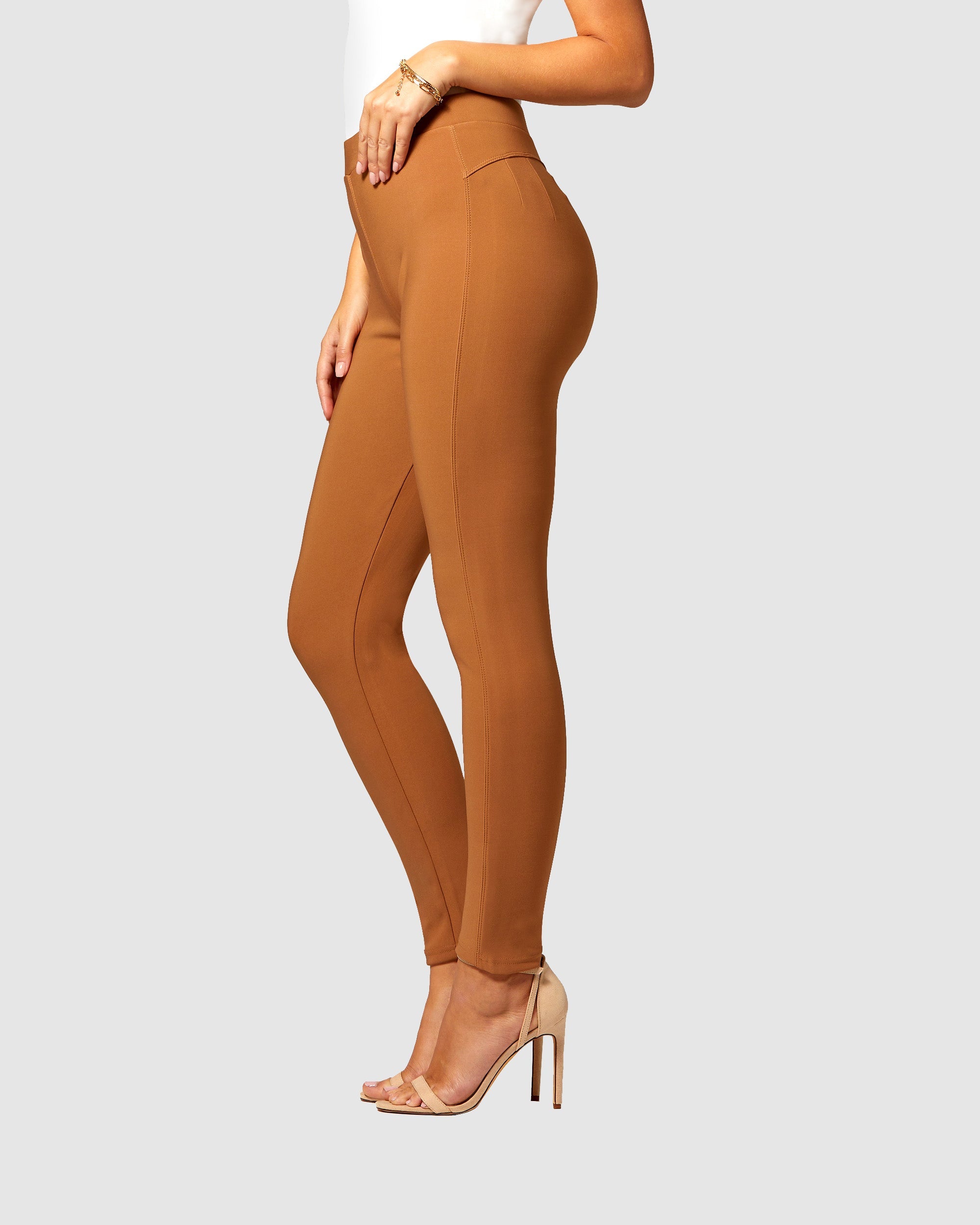 Motivate Classic High Waisted Perfect Stretch Ponte Pants - Nude Beige