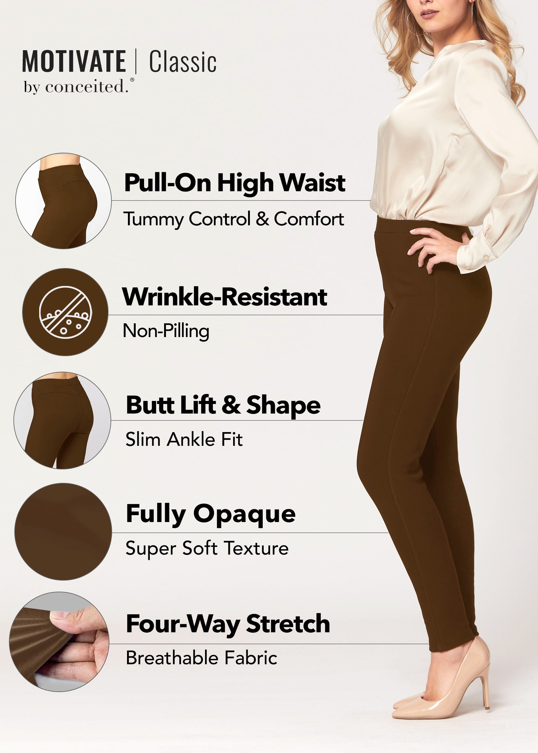 Motivate Classic High Waisted Perfect Stretch Ponte Pants - Mocha Brown
