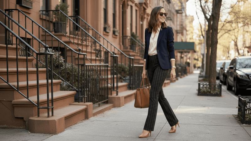 Woman walking in city street wearing Conceited pants