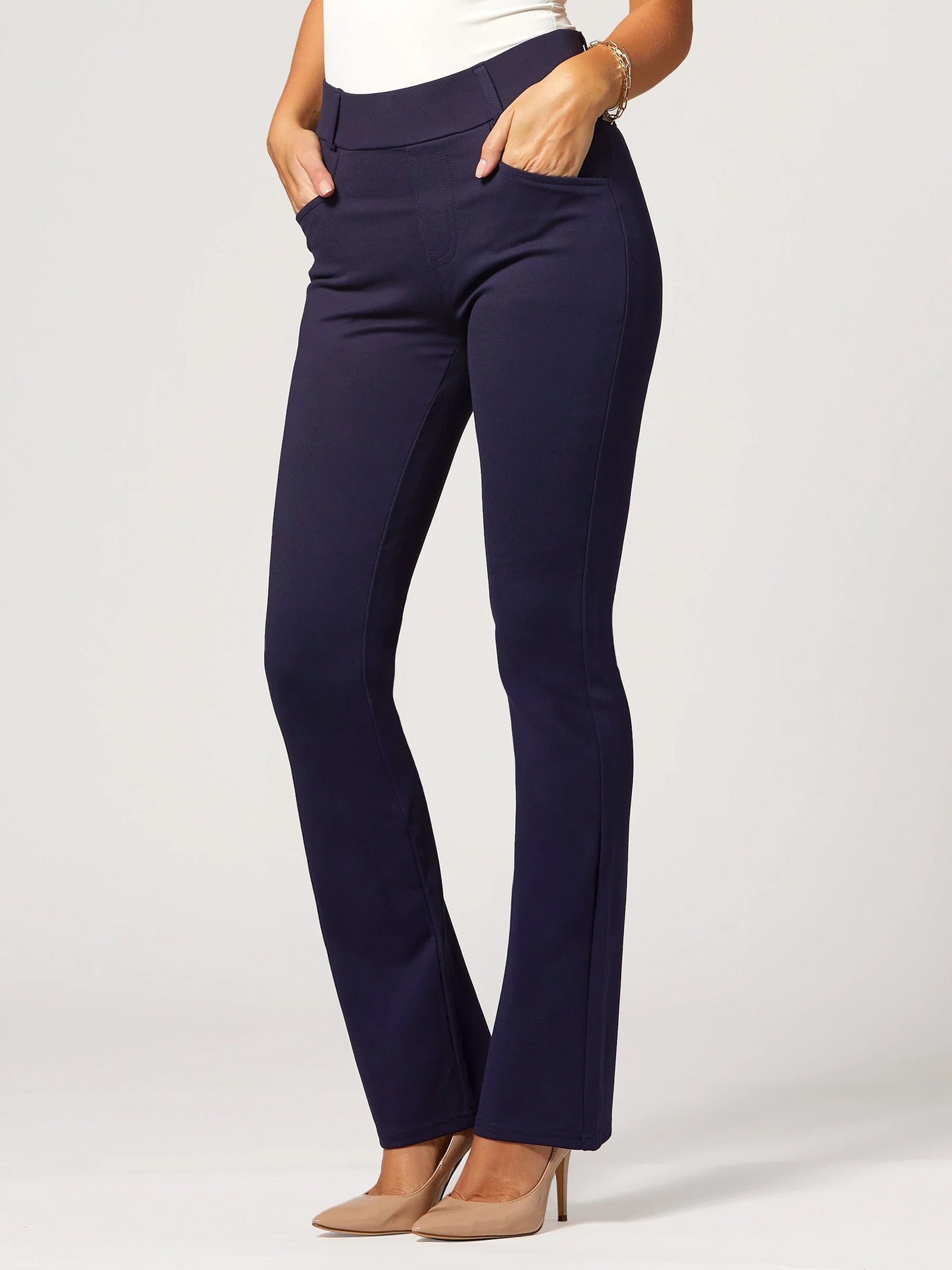 Uplift High-Rise Bootcut Stretch Slacks with Pockets - White