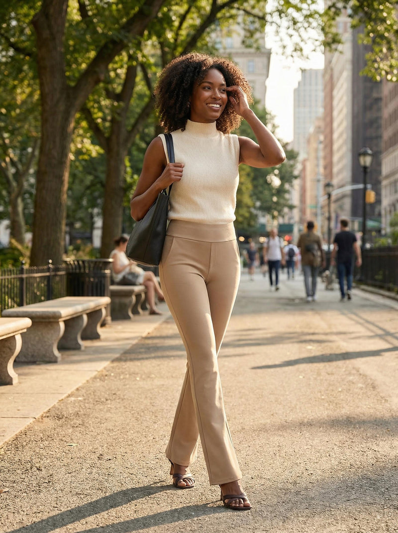 Lift Ponte Knit Flared Dress Pants with Pockets - Beige Nude