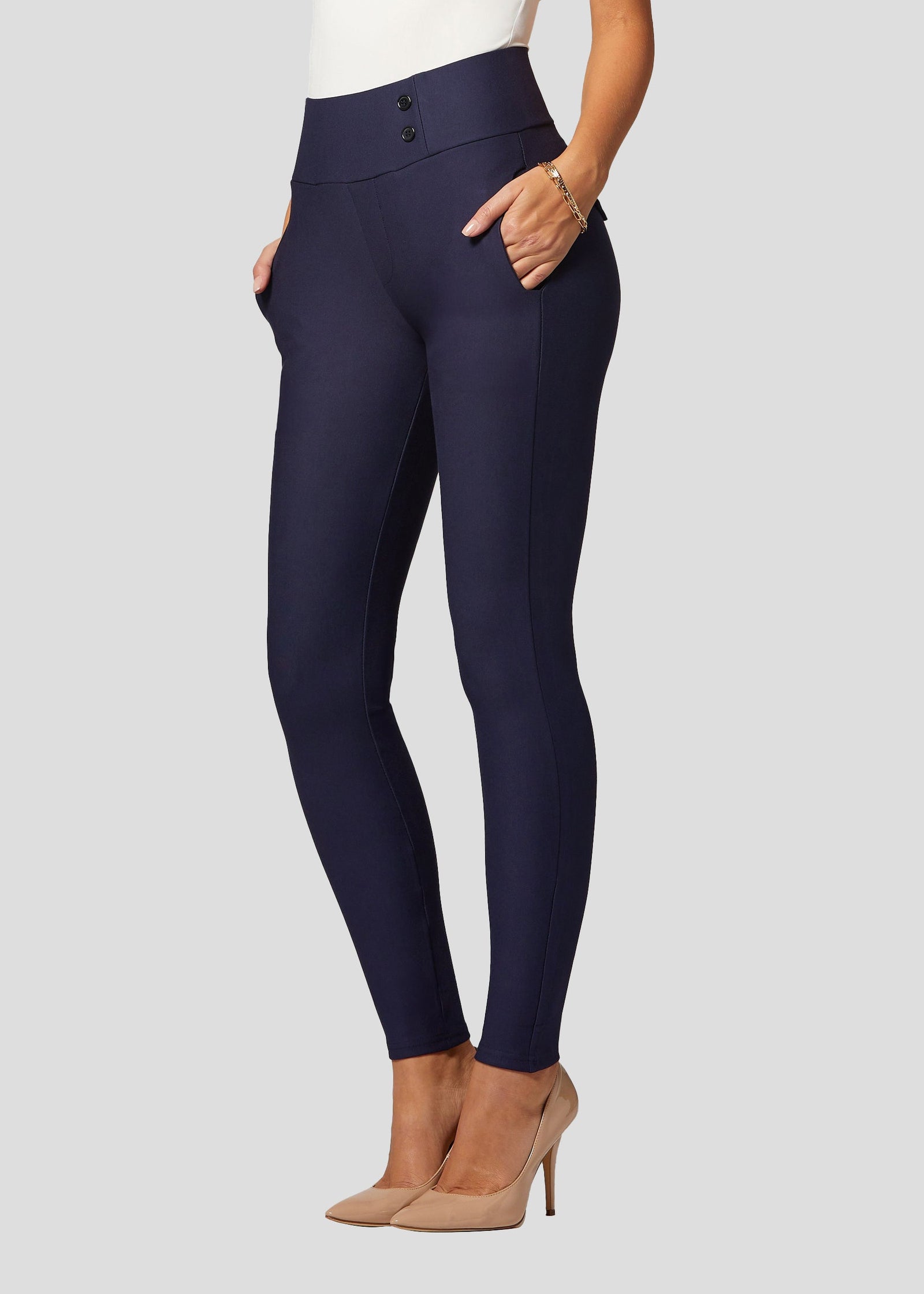 Innovate High-Rise Slim Stretch Slacks with Pockets - Navy Blue