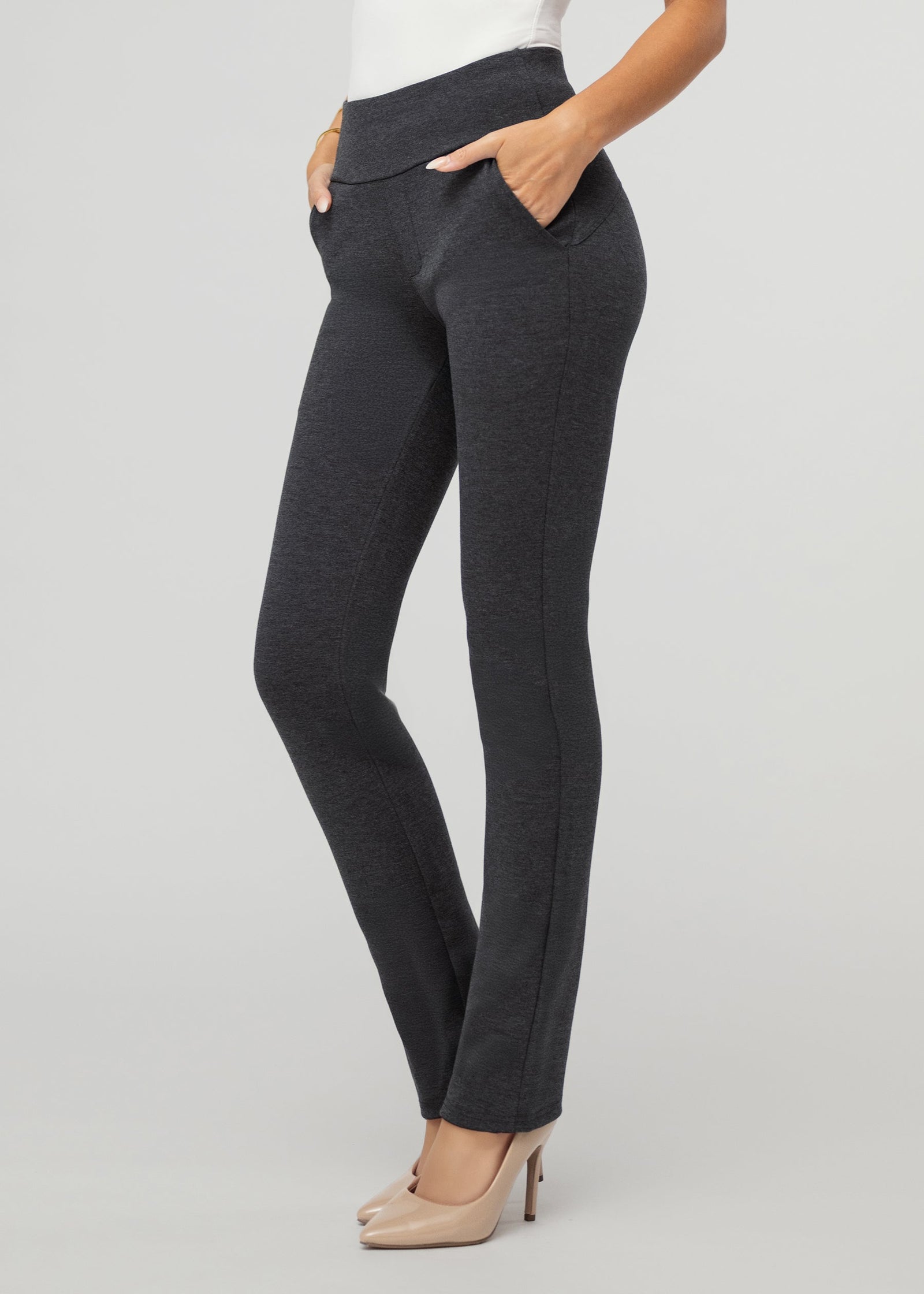 Essence Ponte Knit Straight Fit Dress Pants with Pockets - Charcoal
