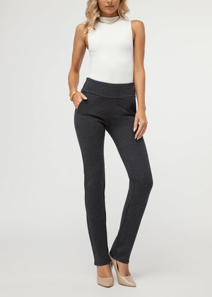 Essence Ponte Knit Straight Fit Dress Pants with Pockets - Charcoal
