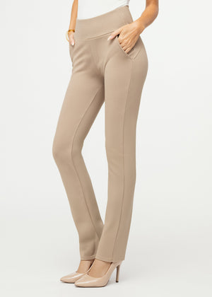 Essence Ponte Knit Straight Fit Dress Pants with Pockets - Beige Nude