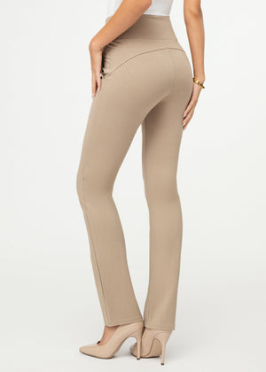 Essence Ponte Knit Straight Fit Dress Pants with Pockets - Beige Nude