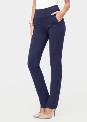 Essence Ponte Knit Straight Fit Dress Pants with Pockets - Navy