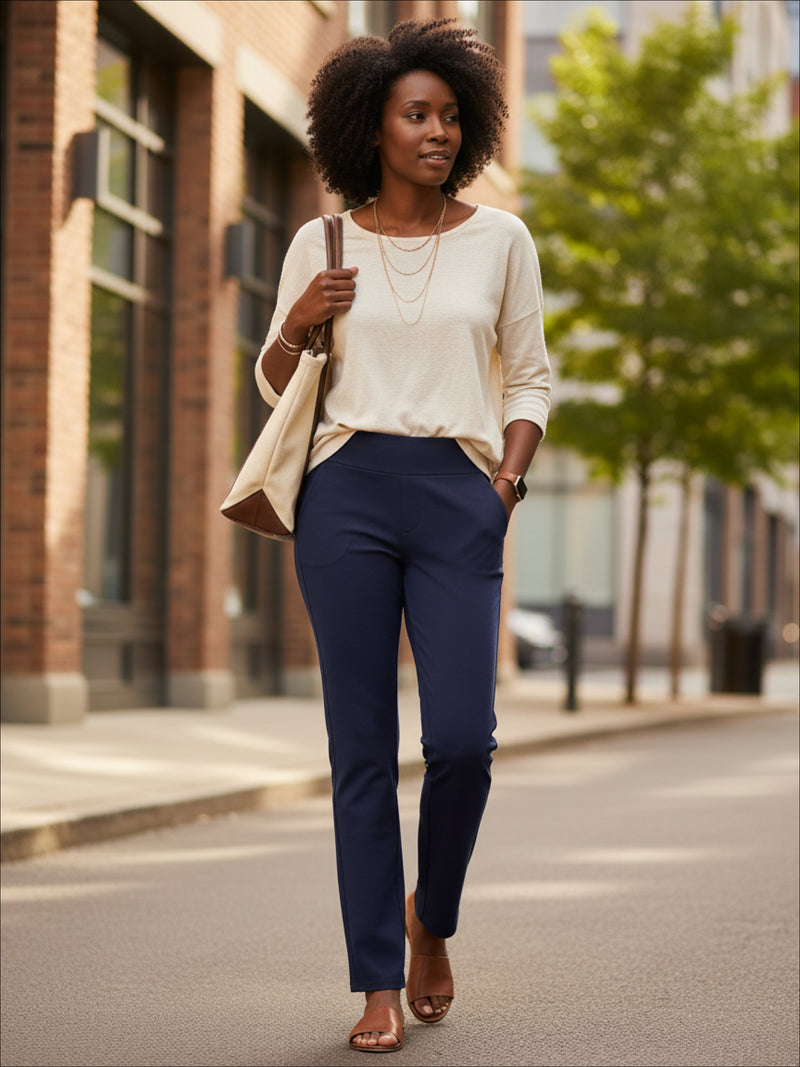 Essence Ponte Knit Straight Fit Dress Pants with Pockets - Navy