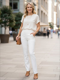 Essence Ponte Knit Straight Fit Dress Pants with Pockets - White