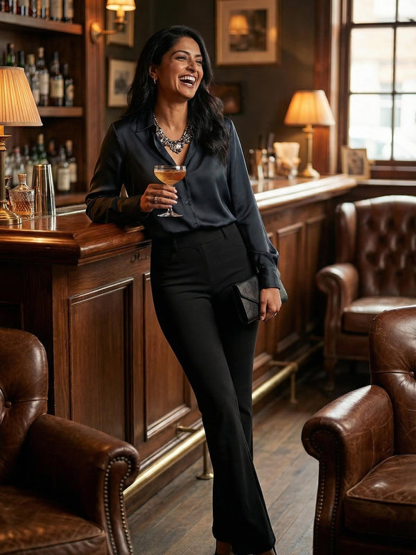 Uplift High-Rise Bootcut Stretch Slacks with Pockets - Midnight Black