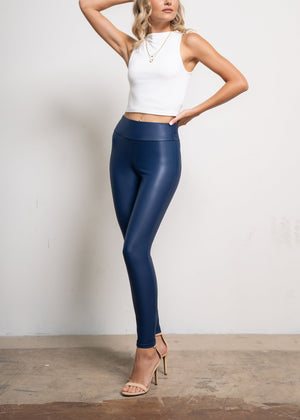 Celeste High-Waisted Faux Leather Leggings - Medieval Blue