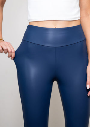 Celeste High-Waisted Faux Leather Leggings - Medieval Blue