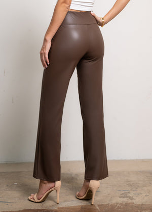 Celeste High-Waisted Faux Leather Pants - Brown