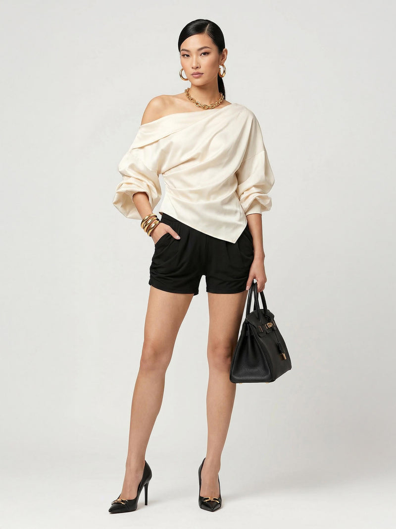 Emma Ultra Soft High Waist Harem Shorts with Pockets - Midnight Black