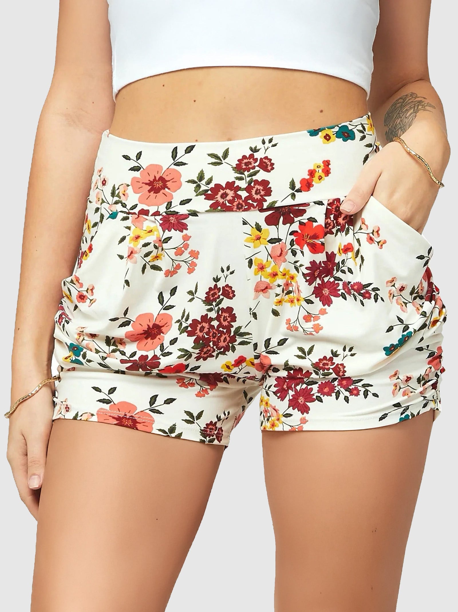Emma Ultra Soft High Waist Harem Shorts with Pockets - Garden Party
