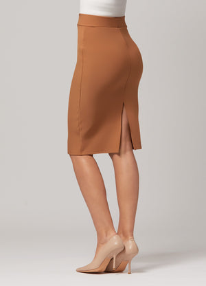 Mia High-Waisted Bodycon Midi Skirt with Back Slit - Khaki Brown
