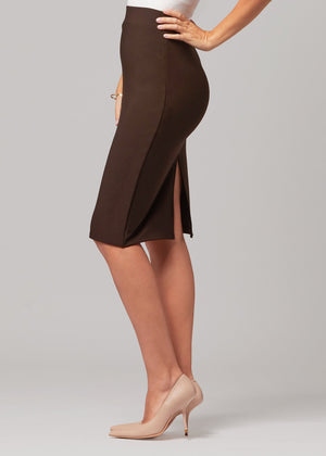 Mia High-Waisted Bodycon Midi Skirt with Back Slit - Brown