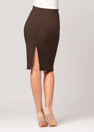 Mia High-Waisted Bodycon Midi Skirt with Back Slit - Brown