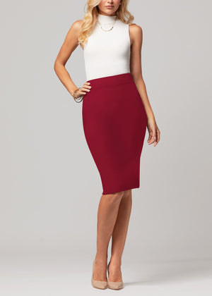 Mia High-Waisted Bodycon Midi Skirt with Back Slit - Burgundy