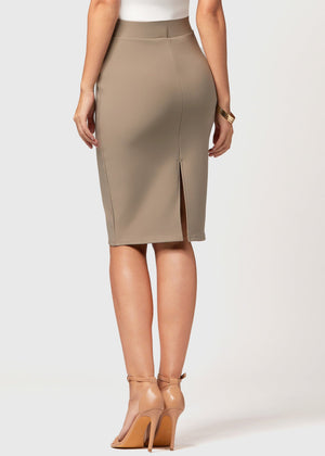 Mia High-Waisted Bodycon Midi Skirt with Back Slit - Desert