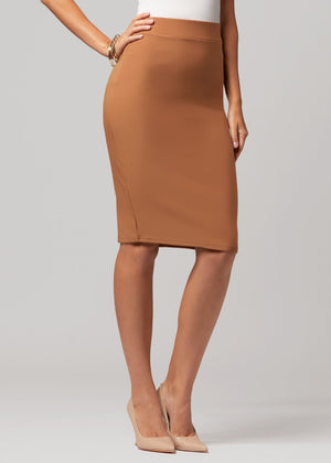 Mia High-Waisted Bodycon Midi Skirt with Back Slit - Khaki Brown