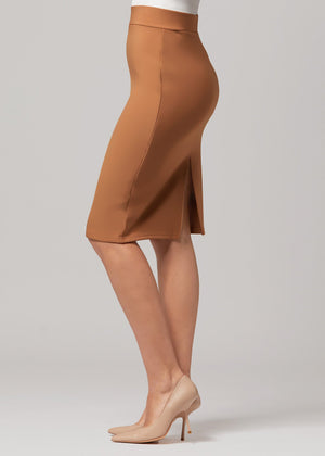 Mia High-Waisted Bodycon Midi Skirt with Back Slit - Khaki Brown
