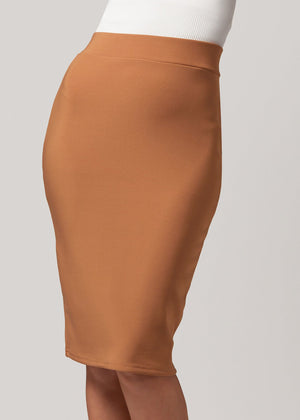 Mia High-Waisted Bodycon Midi Skirt with Back Slit - Khaki Brown