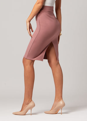 Mia High-Waisted Bodycon Midi Skirt with Back Slit - Dusty Pink