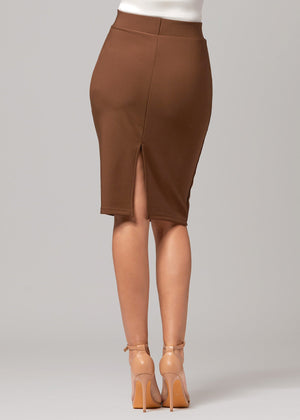 Mia High-Waisted Bodycon Midi Skirt with Back Slit - Mocha