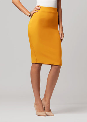 Mia High-Waisted Bodycon Midi Skirt with Back Slit - Mustard