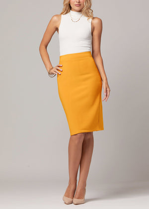 Mia High-Waisted Bodycon Midi Skirt with Back Slit - Mustard