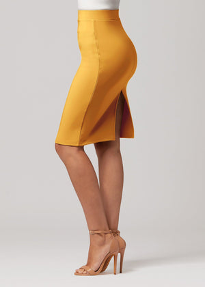 Mia High-Waisted Bodycon Midi Skirt with Back Slit - Mustard