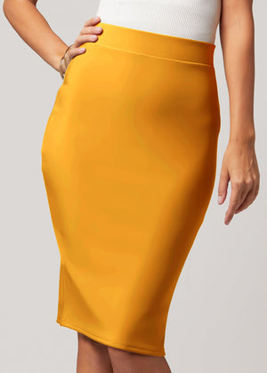 Mia High-Waisted Bodycon Midi Skirt with Back Slit - Mustard