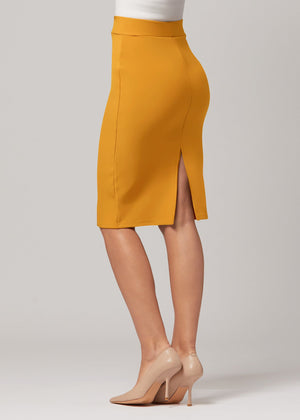 Mia High-Waisted Bodycon Midi Skirt with Back Slit - Mustard
