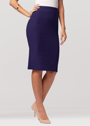 Mia High-Waisted Bodycon Midi Skirt with Back Slit - Navy Blue