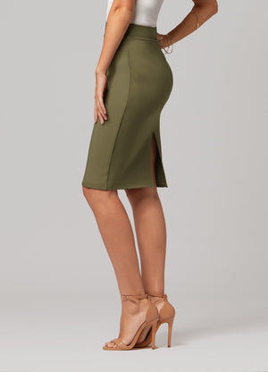 Mia High-Waisted Bodycon Midi Skirt with Back Slit - Olive Green