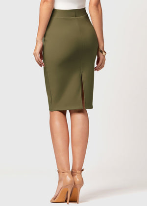 Mia High-Waisted Bodycon Midi Skirt with Back Slit - Olive Green