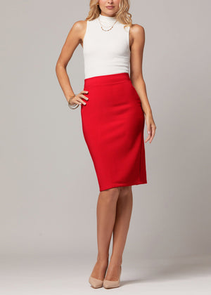 Mia High-Waisted Bodycon Midi Skirt with Back Slit - Red